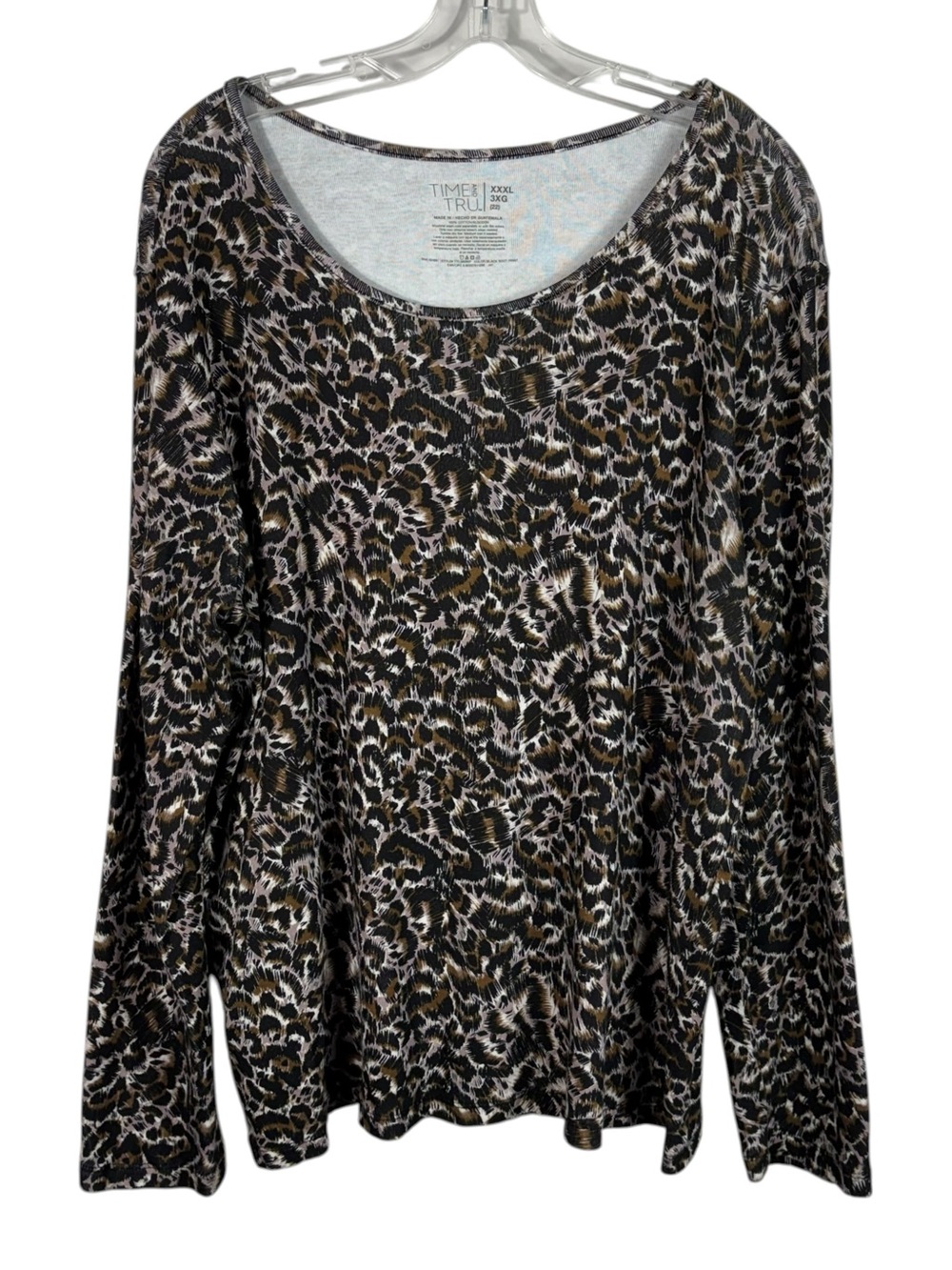 Time and Tru Brown Leopard Animal Print Ribbed Stretch Long Sleeve Top XXXL 3XL
